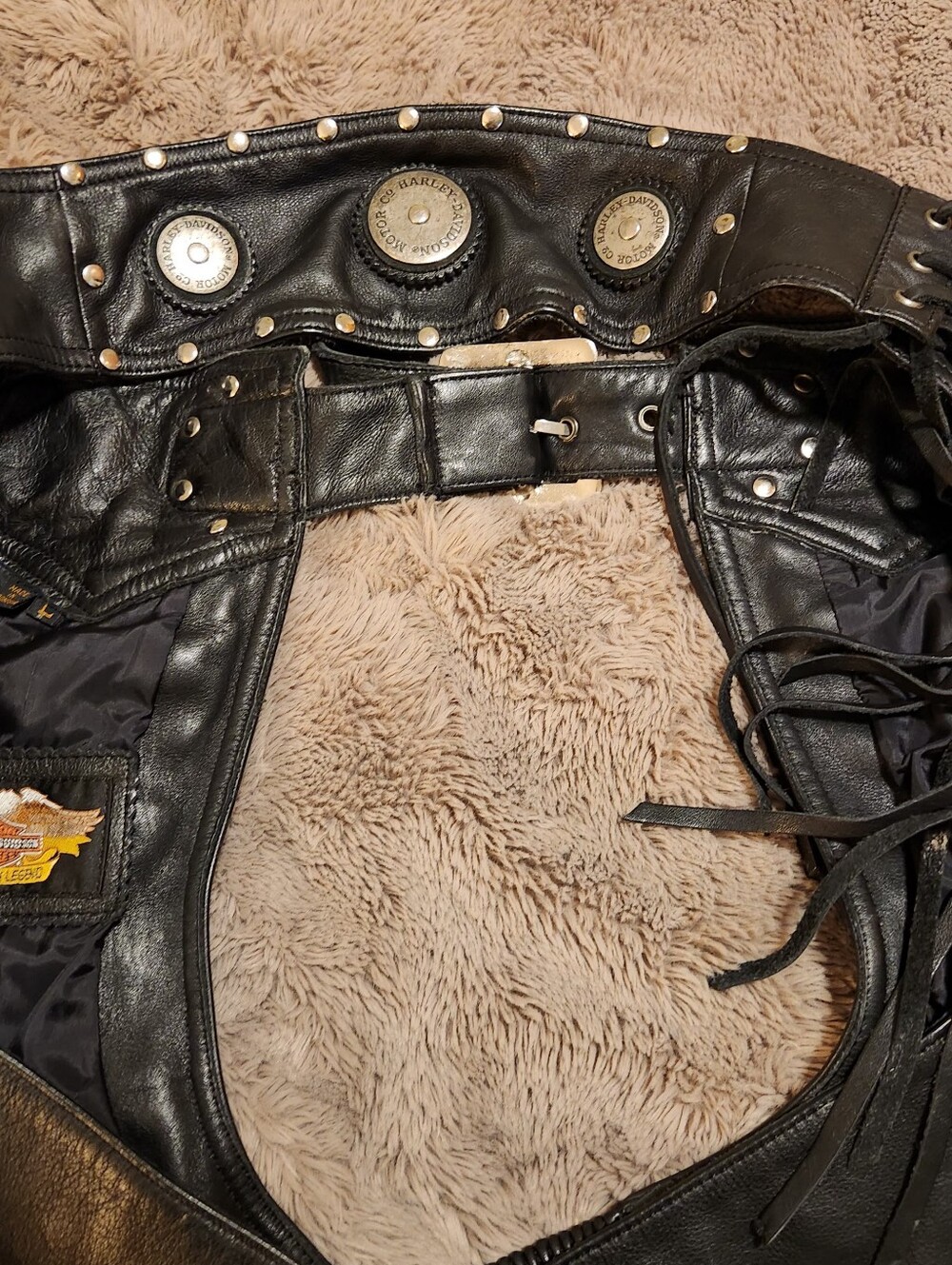 Vintage Mens Black Leather Fringe Motorcycle Chaps with Studs Size Large - Picture 3 of 6